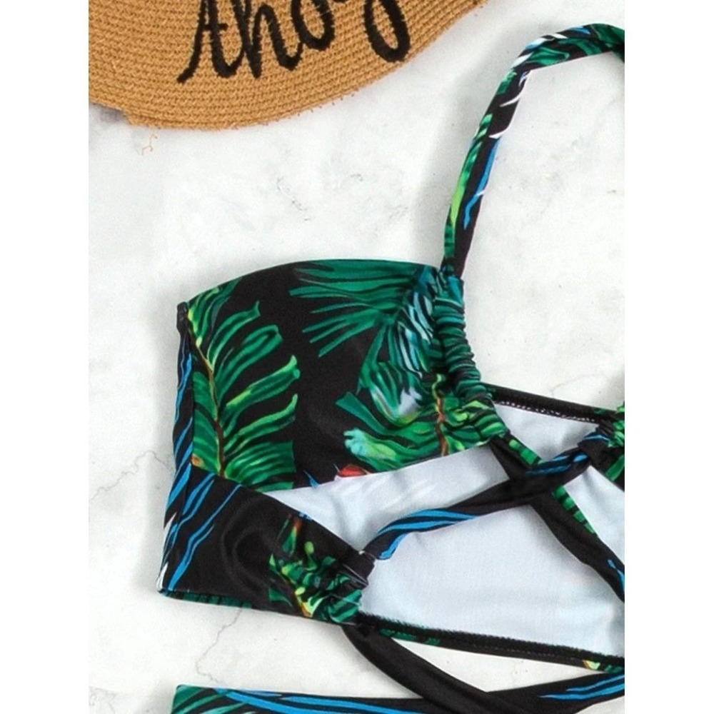 Tropical Palm Print 3 Piece Bikini Set with Mesh Maxi Skirt Cover Up Green M - Picture 3 of 10